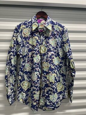 Robert Graham Navy Paisley Print Button-Down Shirt with Lime & Aqua Accents